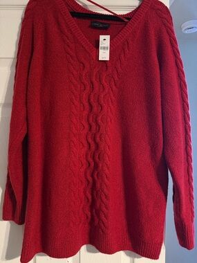 Lane Bryant Red Cable-Knit V-Neck Sweater
